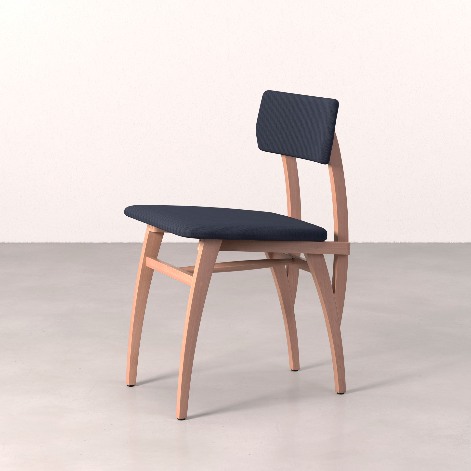 Cadeira sem braços contemporânea em jequitibá, assento e encosto em tecido azul