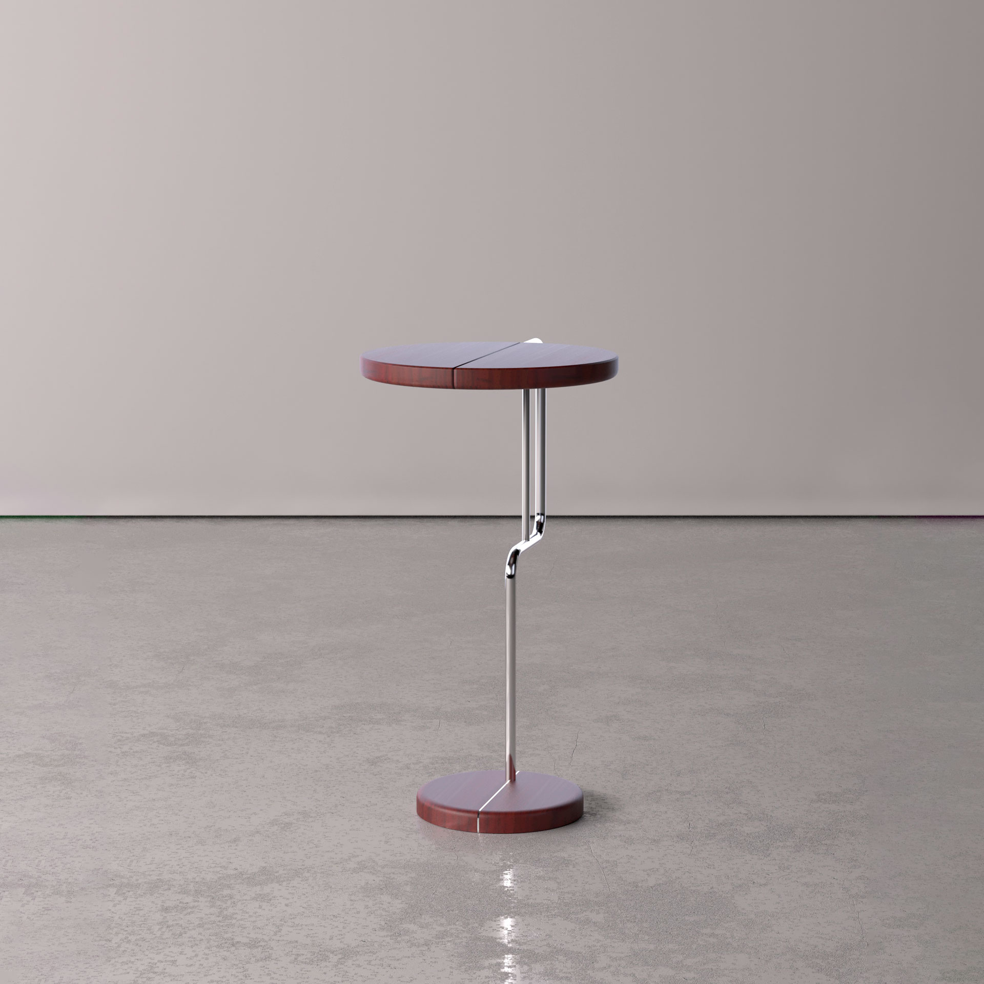 Mesa lateral contemporânea com estrutura em aço, base e tampo em madeira maciça muirapiranga