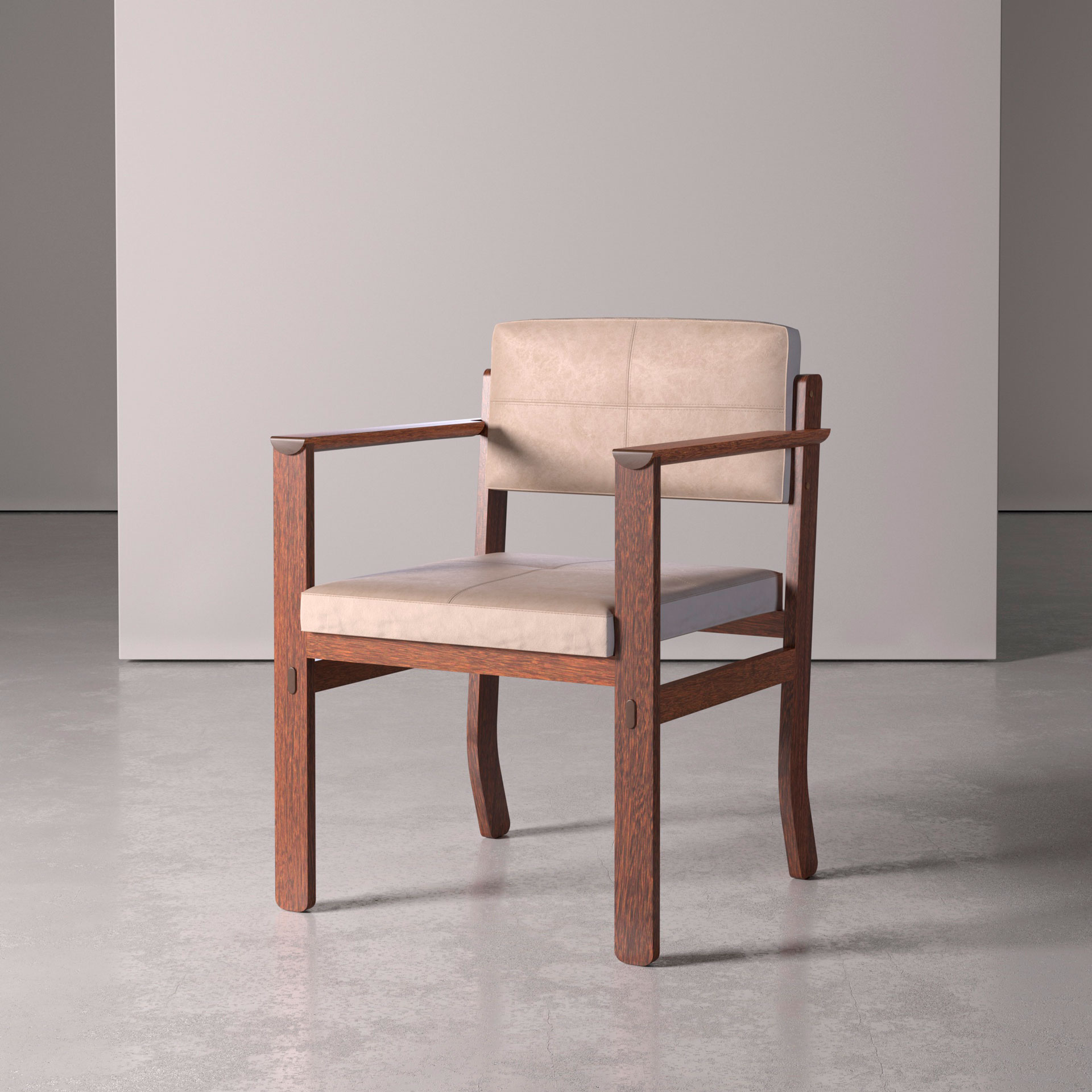 Cadeira com braço no estilo modernista em sucupira, assento e encosto em couro