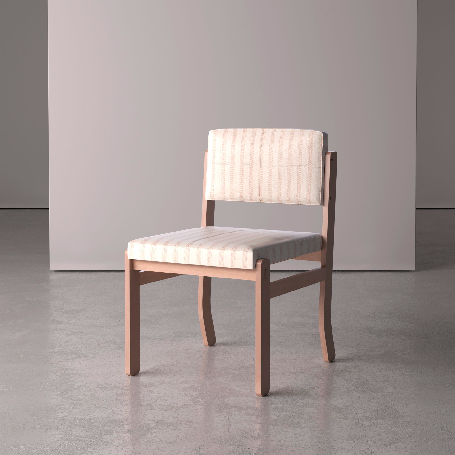 Cadeira semm braço no estilo modernista em jequitibá, assento e encosto em tecido listrado