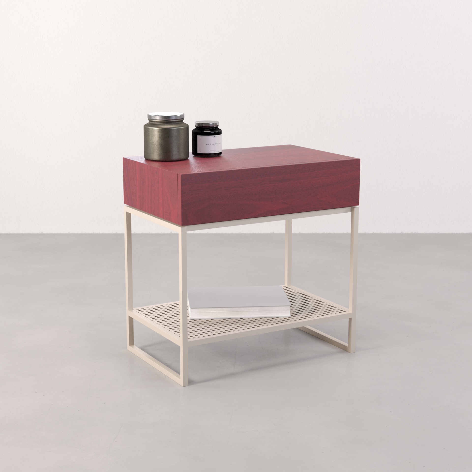 Mesa de cabeceira com gaveteito em roxinho e estrutura em metal