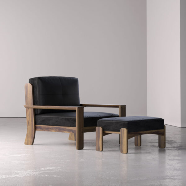 Poltrona com braço e pufe no estilo modernista em imbuia, assento e encosto em couro